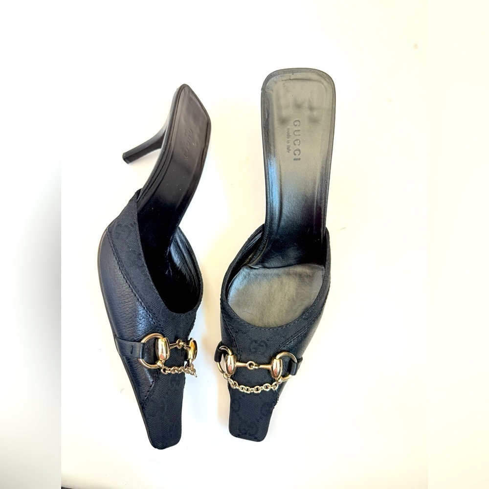 Gucci Vintage Black GG Canvas Leather Chain Horsebit Mule Heels 9.5